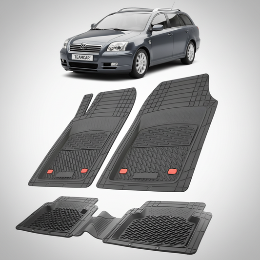 set de covorase din cauciuc negre cu o toyota avensis t25 estate gri inchis  in fundal