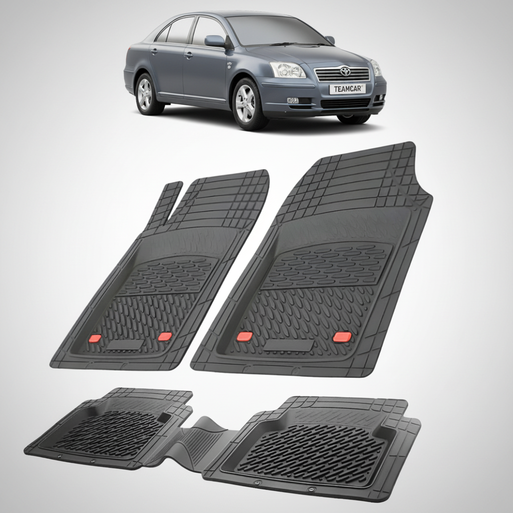 set de covorase din cauciuc negre cu o toyota avensis t25 liftback gri in fundal