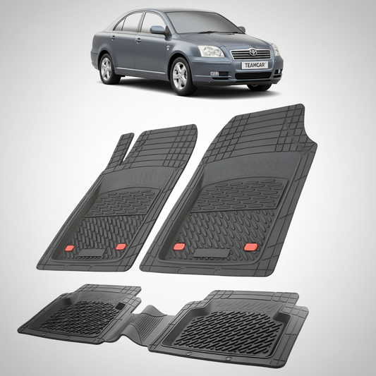 set de covorase din cauciuc negre cu o toyota avensis t25 liftback gri in fundal