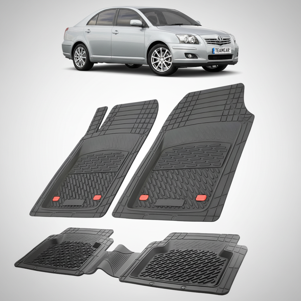 set de covorase din cauciuc negre cu o toyota avensis t25 liftback gri in fundal