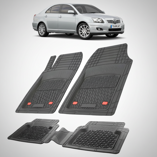 set de covorase din cauciuc negre cu o toyota avensis t25 liftback gri in fundal