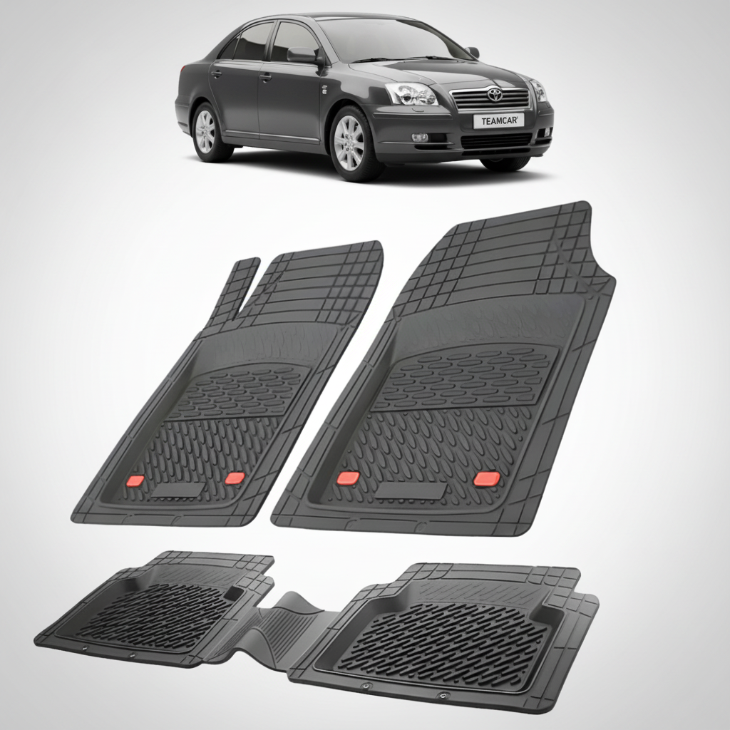 set de covorase din cauciuc negre cu o toyota avensis sedan t25 neagra in fundal