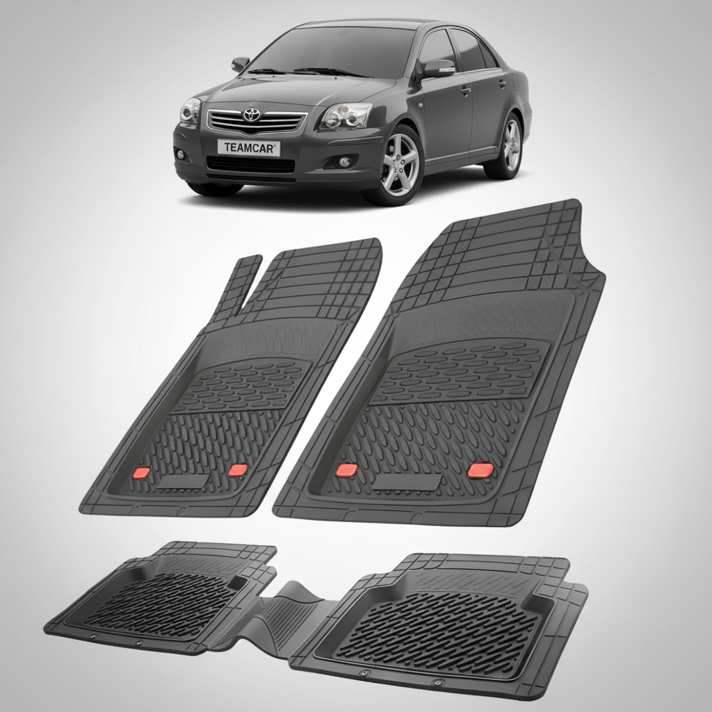 set de covorase din cauciuc negre cu o toyota avensis t25 sedan neagra in fundal