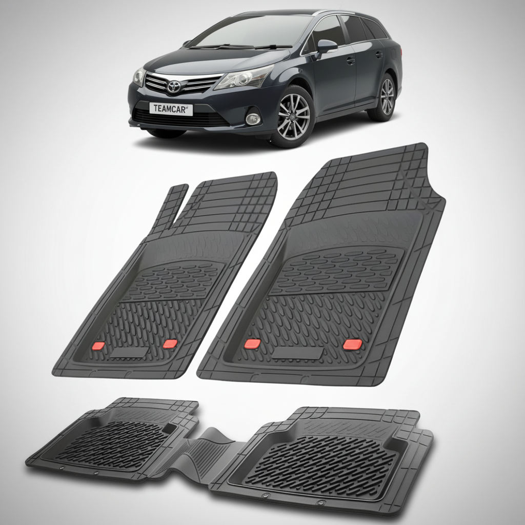 set de covorase din cauciuc negre cu o toyota avensis t27 estate neagra in fundal