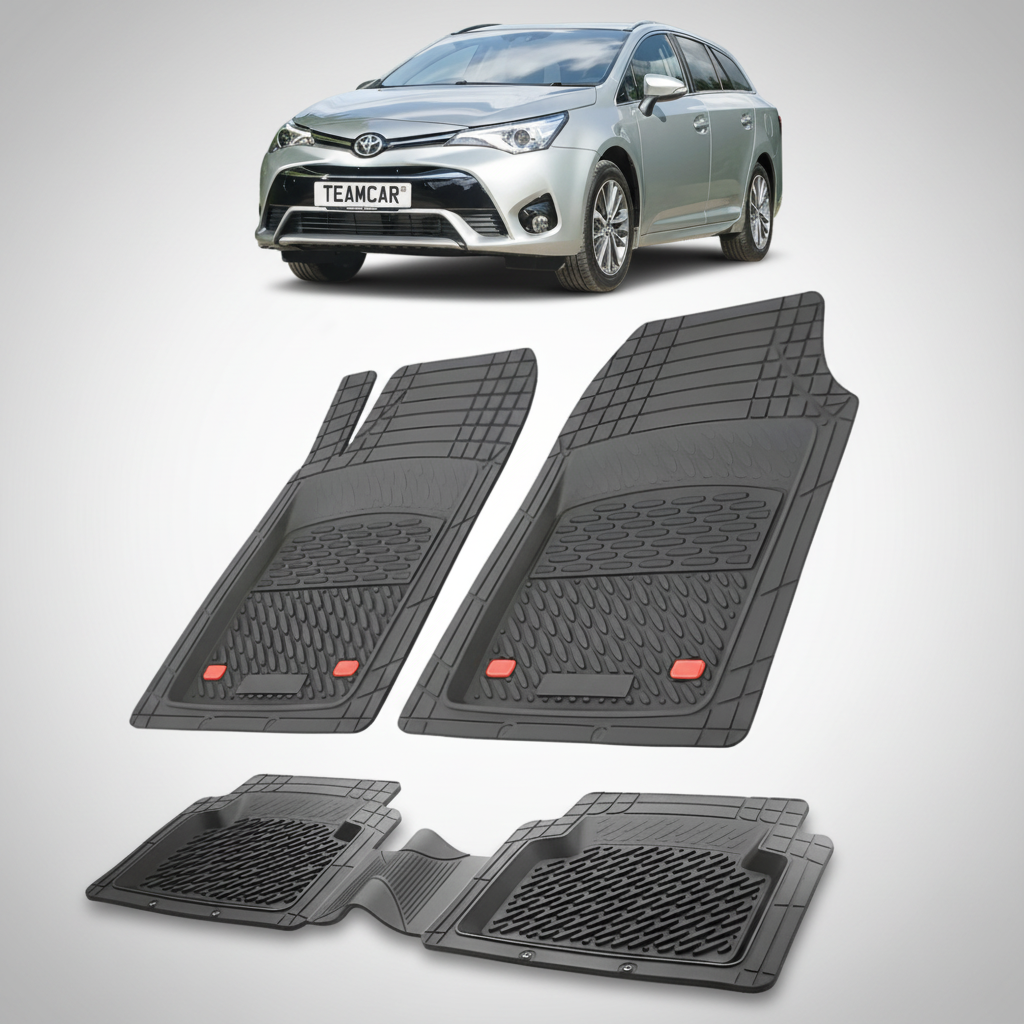 set de covorase din cauciuc negre cu o toyota avensis t27 estate argintie in fundal