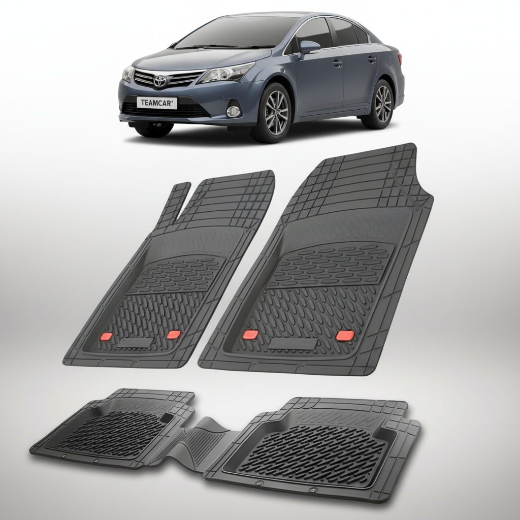 set de covorase din cauciuc negre cu o toyota avensis t27 sedan gri inchis in fundal