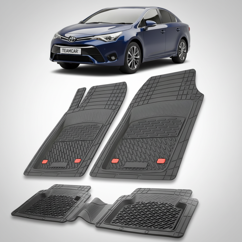 set de covorase din cauciuc negre cu o toyota avensis t27 sedan albastra in fundal