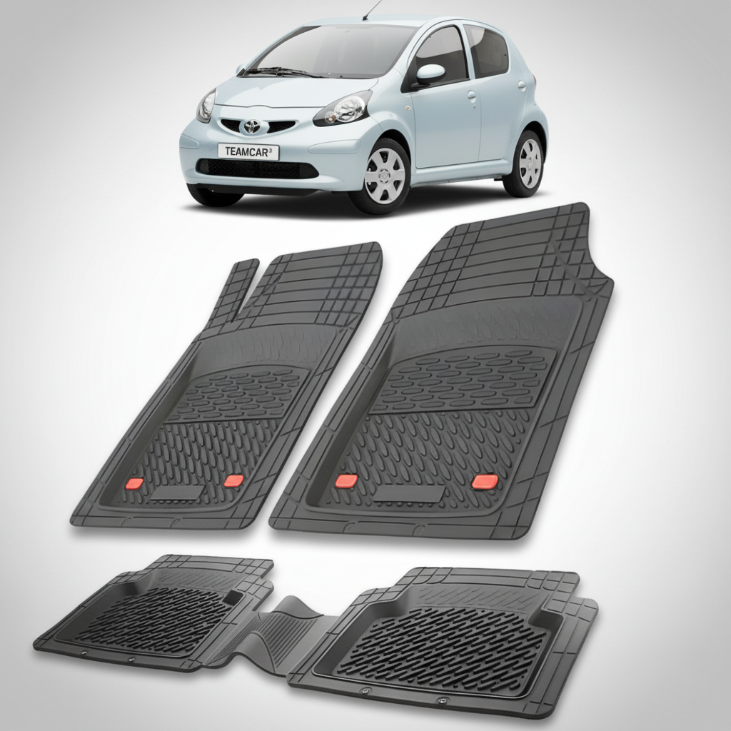 set de covorase din cauciuc negre cu o toyota aygo ab10 hatchback gri in fundal