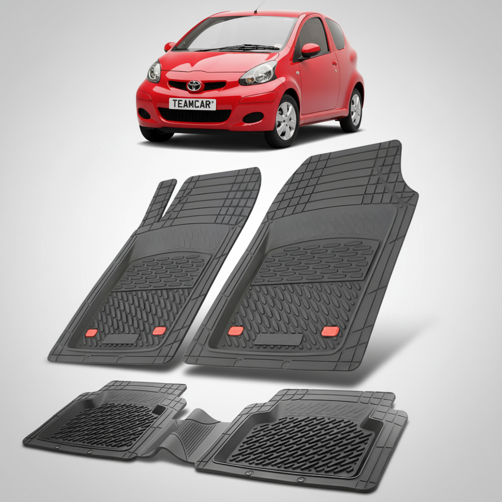 set de covorase din cauciuc negre cu o toyota aygo ab10 hatchback rosie in fundal