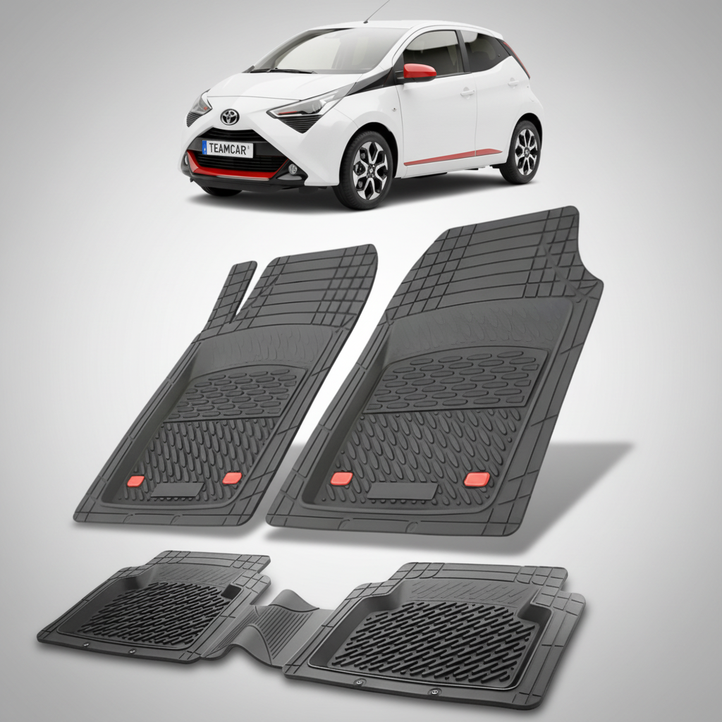 set de covorase din cauciuc negre cu o toyota aygo ab40 hatchback alba in fundal