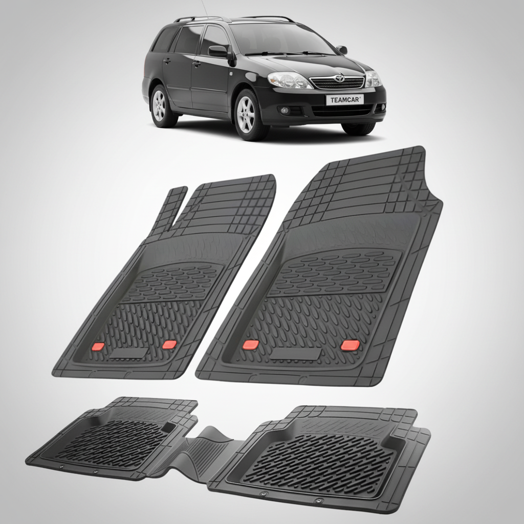 set de covorase din cauciuc negre cu o toyota corolla e120 estate neagra in fundal