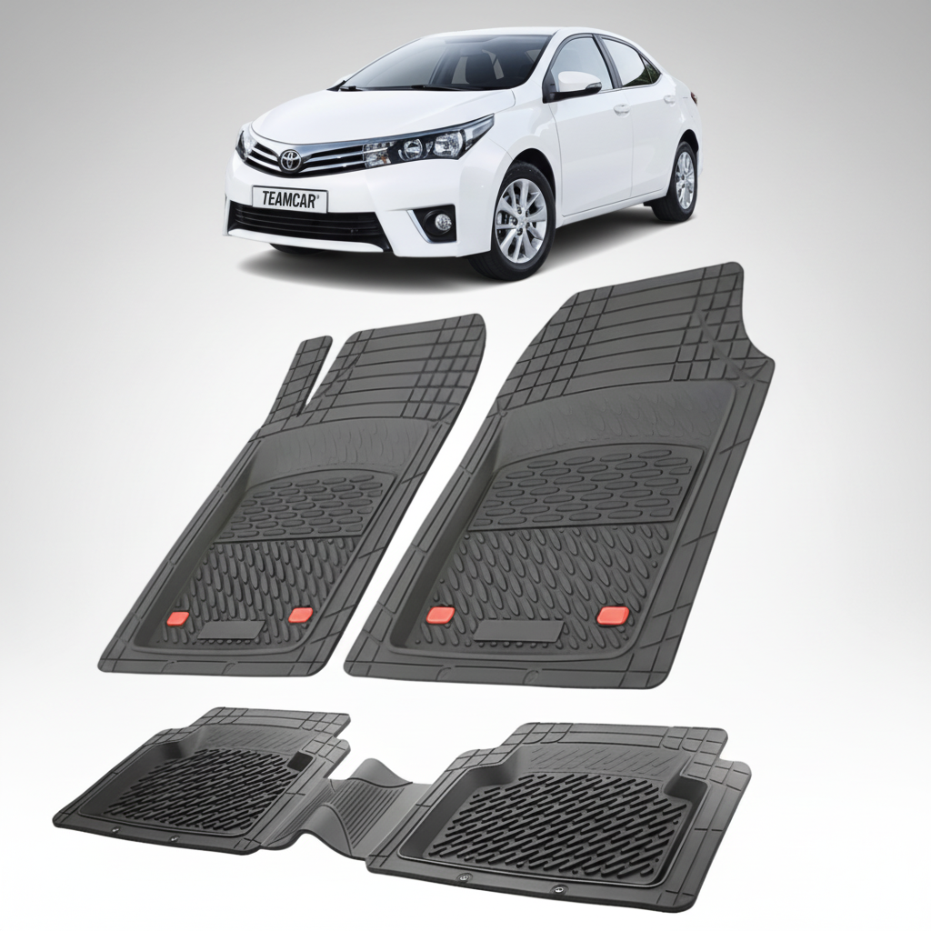 set de covorase din cauciuc negre cu o toyota corolla e180 sedan alba in fundal
