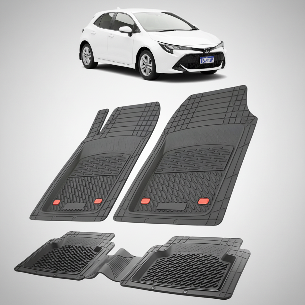 set de covorase din cauciuc negre cu o toyota corolla e210 hatchback alba in fundal