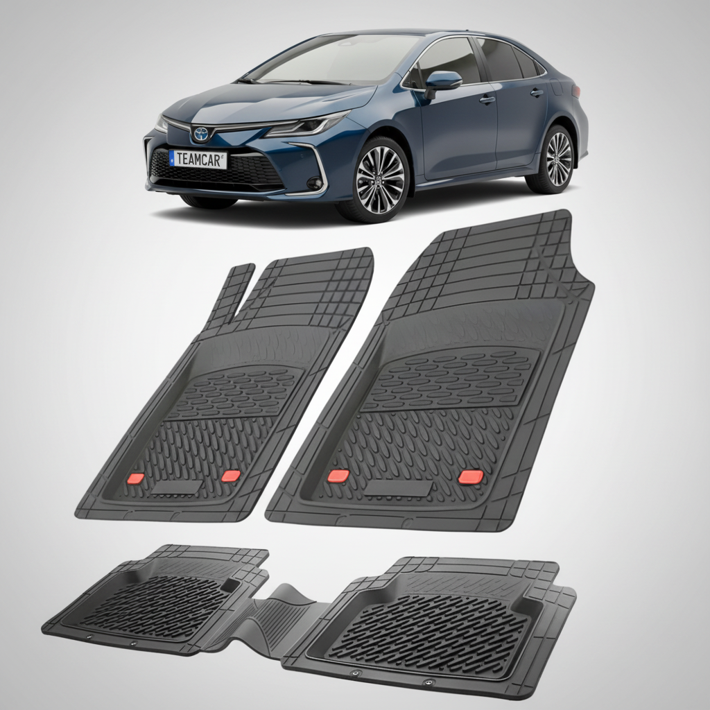 set de covorase din cauciuc negre cu o toyota corolla e210 hatchback albastru inchis in fundal