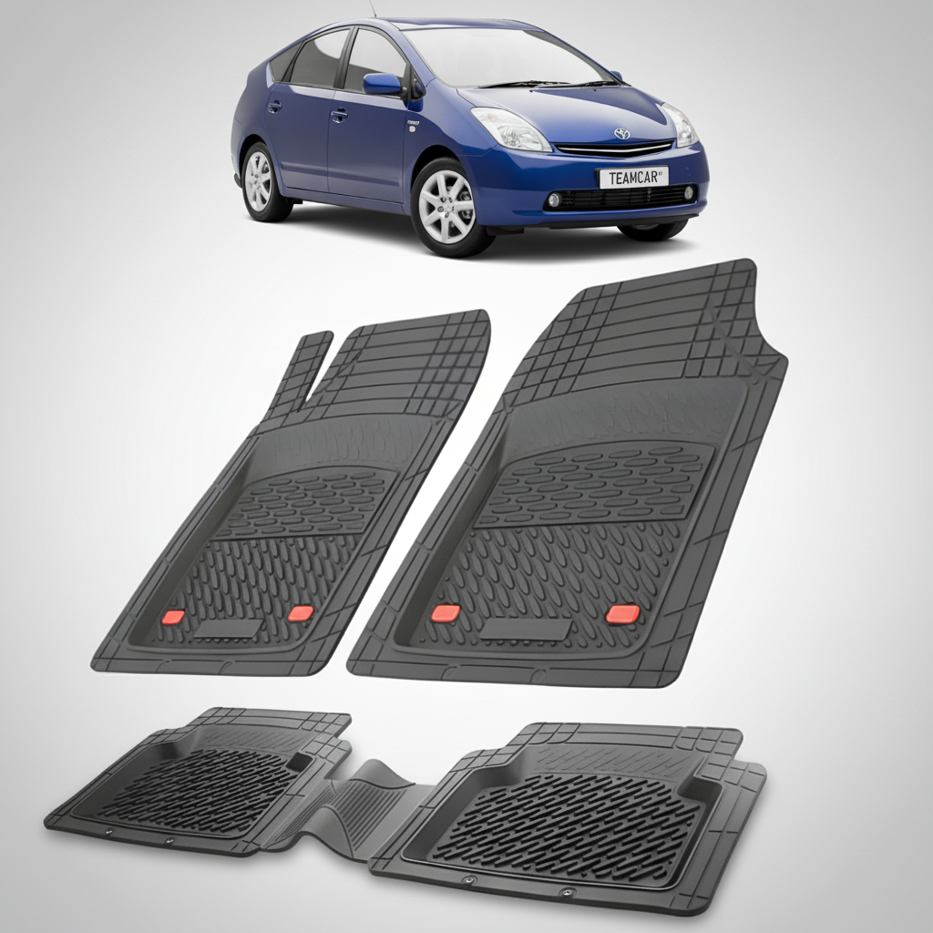 set de covorase din cauciuc negre cu o toyota prius xw20 hatchback albastra in fundal