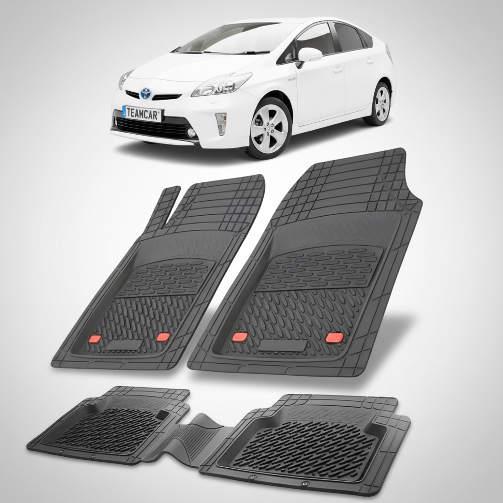 set de covorase din cauciuc negre cu o toyota prius xw30 hatchback alba in fundal