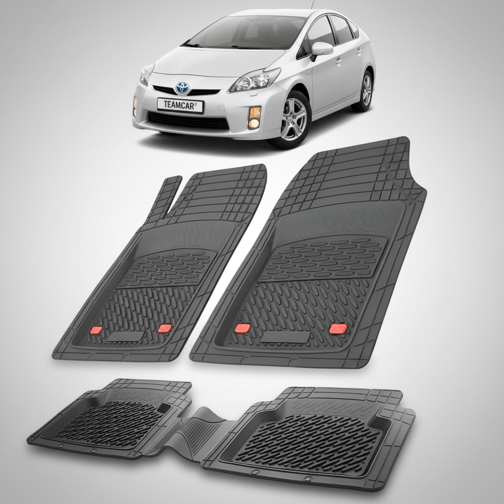 set de covorase din cauciuc negre cu o toyota prius xw30 hatchback gri in fundal