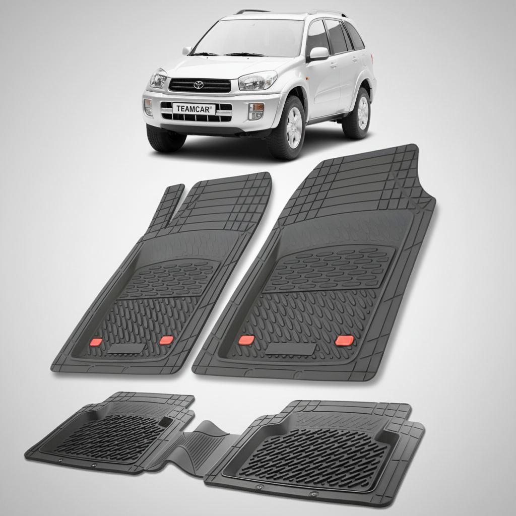 set de covorase din cauciuc negre cu o toyota rav 4 xa20 suv gri in fundal