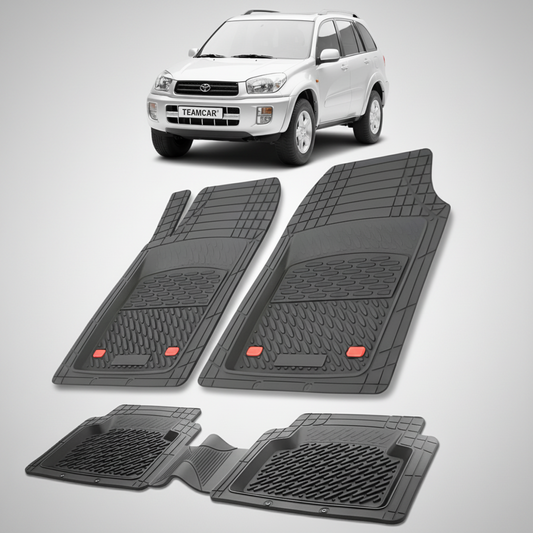 set de covorase din cauciuc negre cu o toyota rav 4 xa20 suv gri in fundal