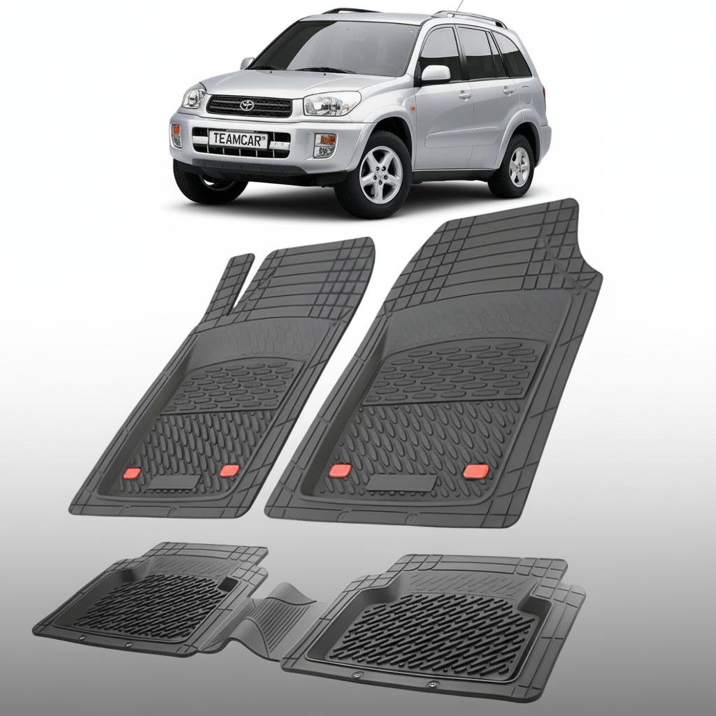 set de covorase din cauciuc negre cu o toyota rav 4 xa20 suv gri in fundal
