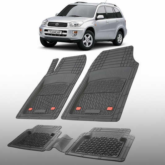 set de covorase din cauciuc negre cu o toyota rav 4 xa20 suv gri in fundal