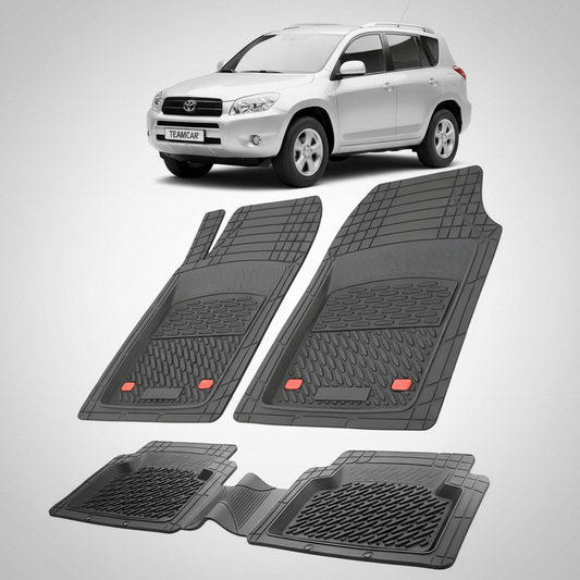 set de covorase din cauciuc negre cu o toyota rav 4 xa30 suv gri in fundal