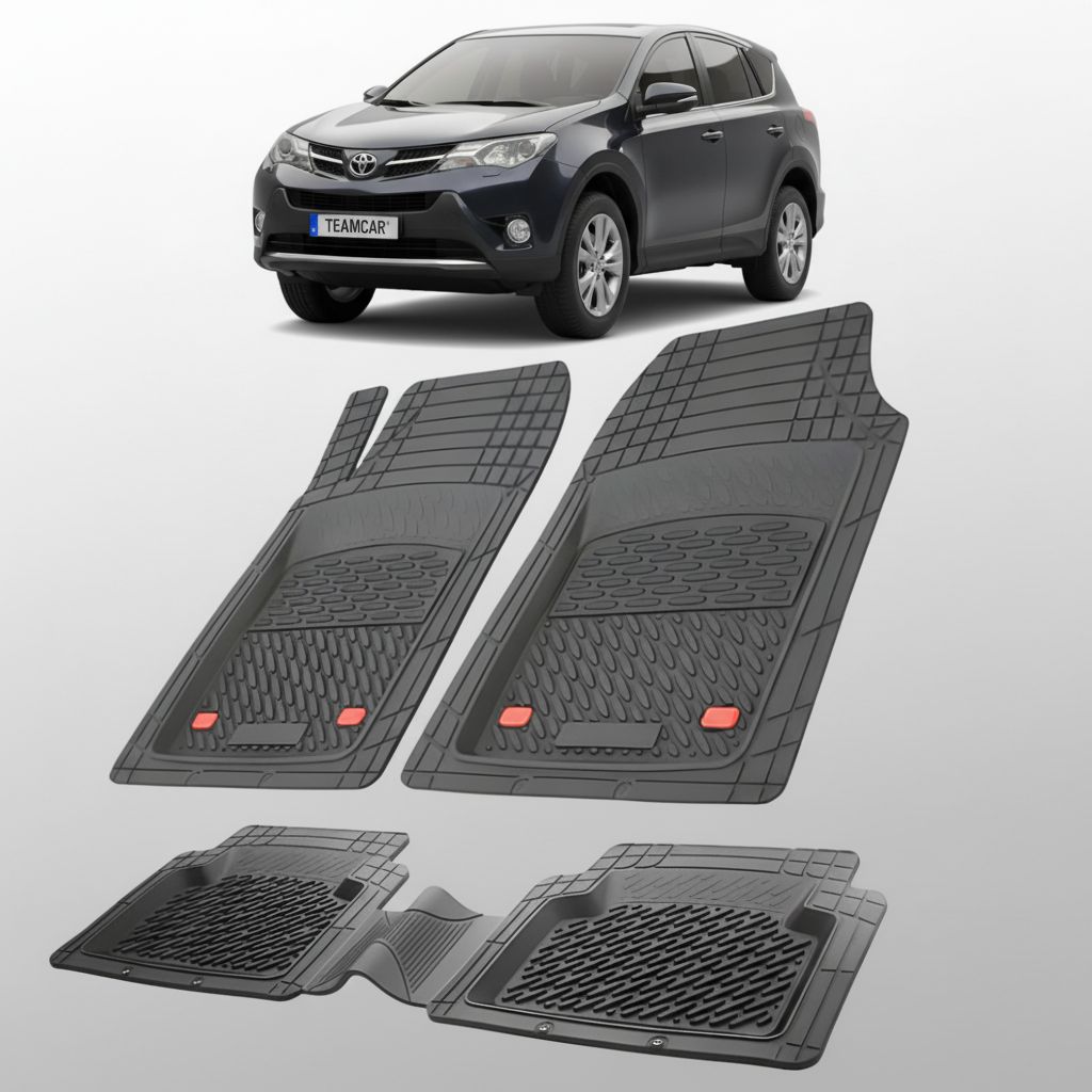 set de covorase din cauciuc negre cu o toyota rav 4 xa40 suv negru in fundal