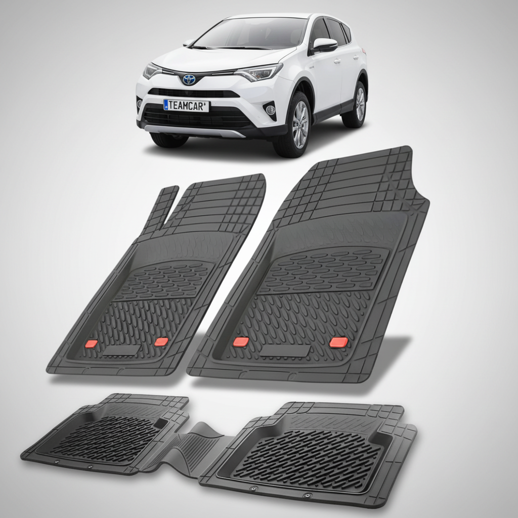 set de covorase din cauciuc negre cu o toyota rav 4 xa40 suv alba in fundal