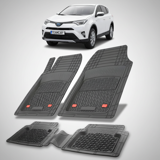 set de covorase din cauciuc negre cu o toyota rav 4 xa40 suv alba in fundal