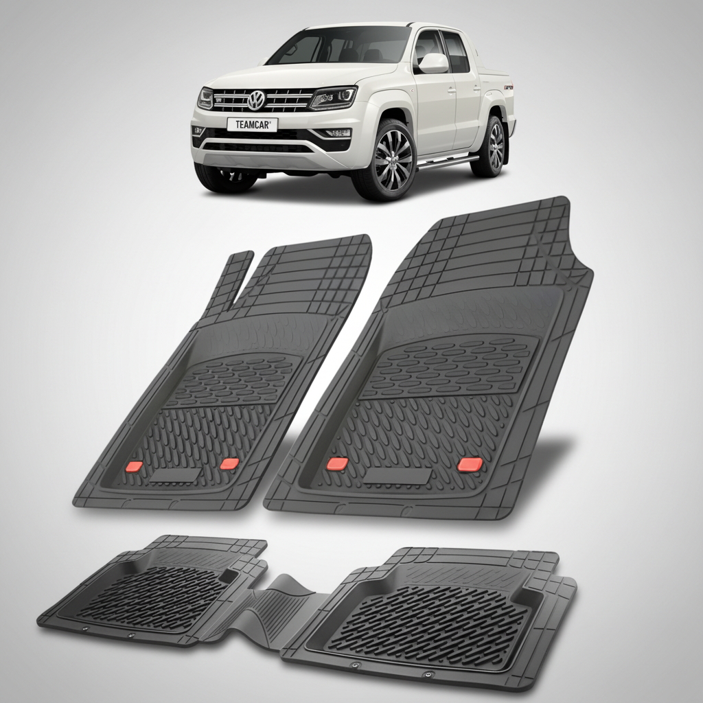 set de covorase din cauciuc negre cu un volkswagen golf amarok 1 2h pickup alb in fundal