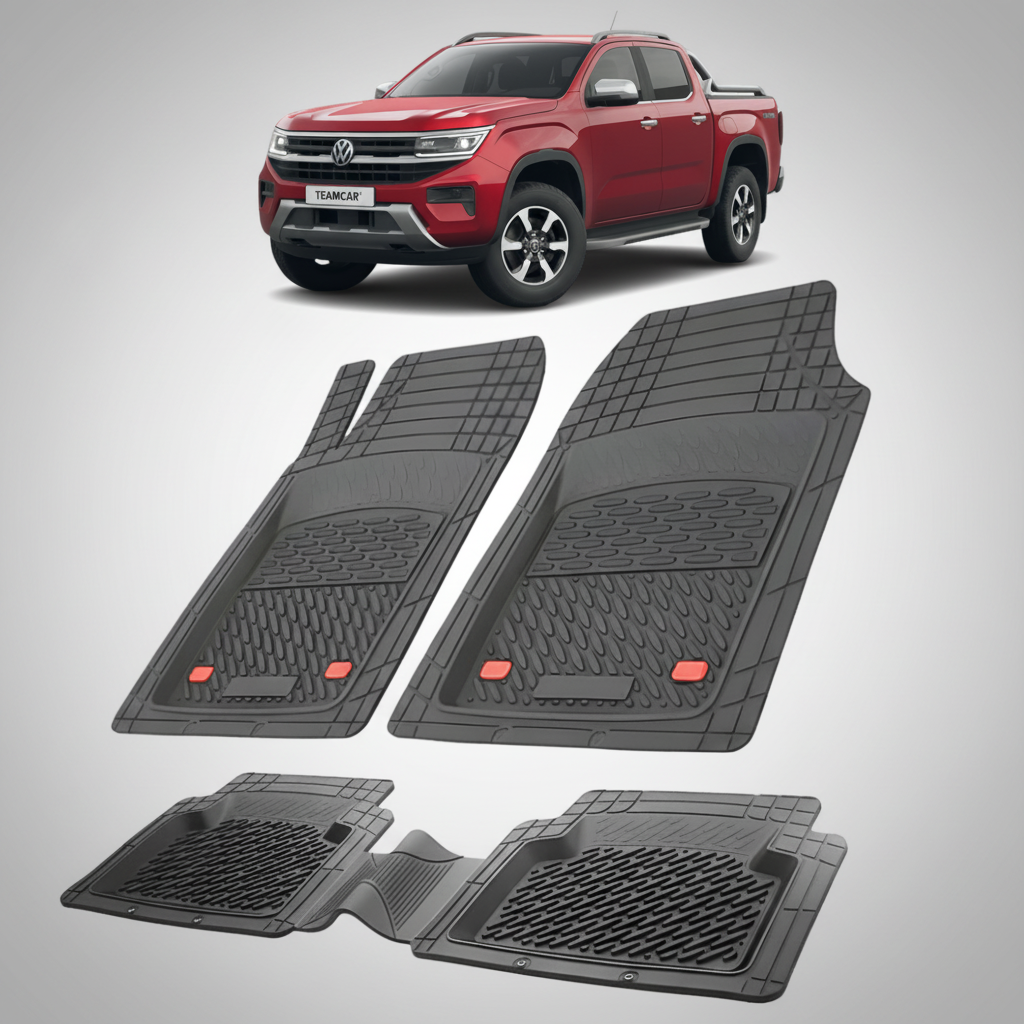 set de covorase din cauciuc negre cu un Volkswagen amarok 2 pickup rosu in fundal