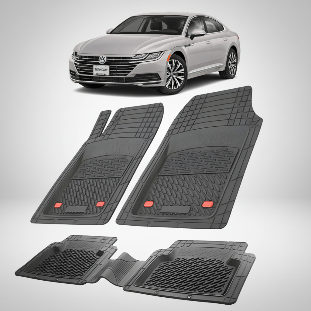 set de covorase din cauciuc negre cu un Volkswagen arteon 3h fastback gri in fundal