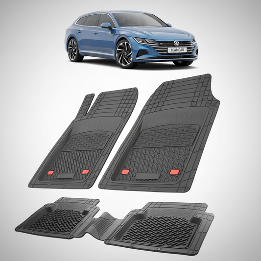set de covorase din cauciuc negre cu un Volkswagen arteon 3h shooting brake albastru in fundal