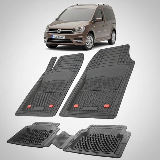 set de covorase din cauciuc negre cu un Volkswagen caddy 4 sa van combi maro inchis in fundal