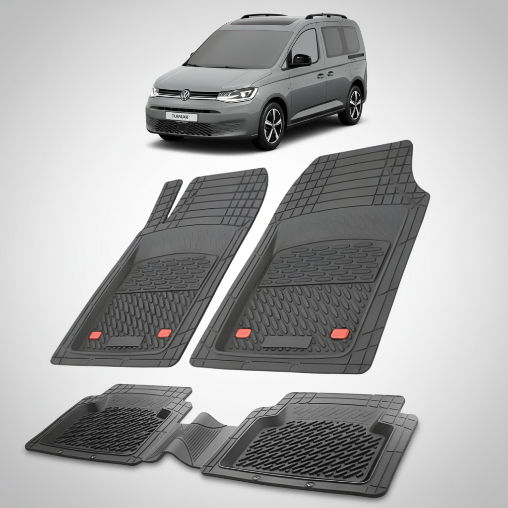 set de covorase din cauciuc negre cu un volkswagen caddy 5 sb van combi gri inchis in fundal