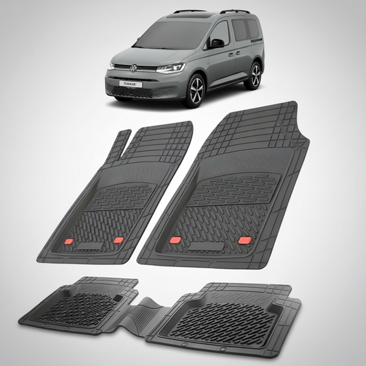set de covorase din cauciuc negre cu un volkswagen caddy 5 sb van combi gri inchis in fundal