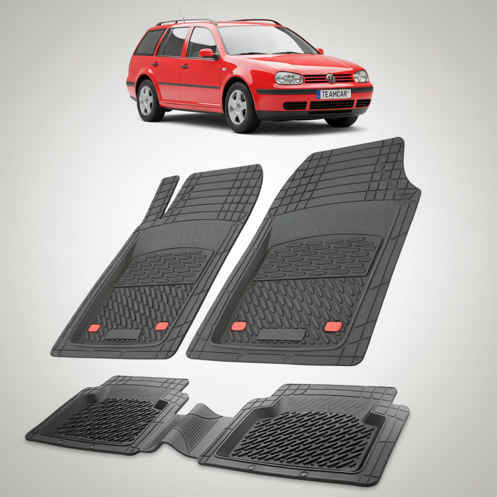 set de covorase din cauciuc negre cu un volkswagen golf 4 variant rosu in fundal