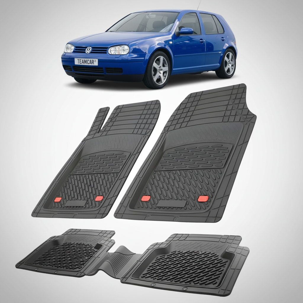 set de covorase din cauciuc negre cu un volkswagen golf 4 hatchback albastru in fundal