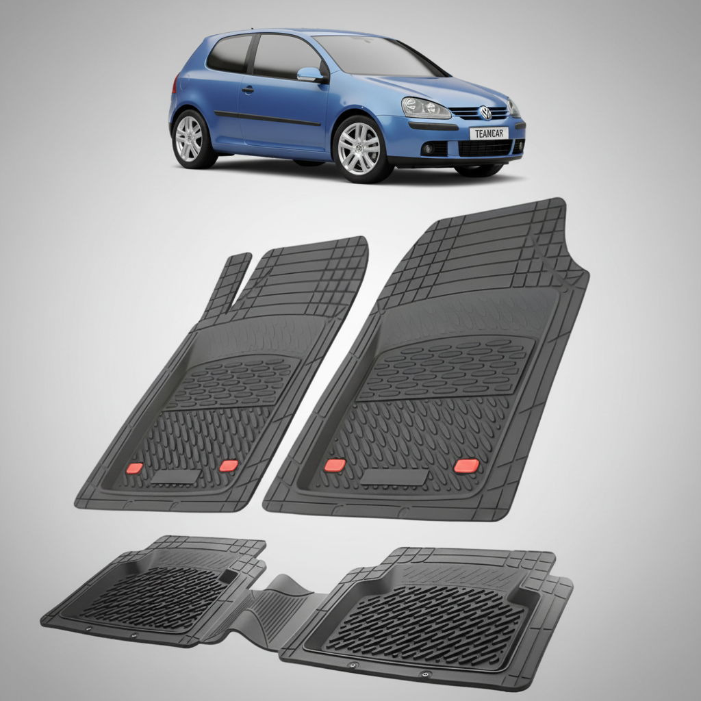 set de covorase din cauciuc negre cu un volkswagen golf 5 hatchback 3 usi albastru in fundal