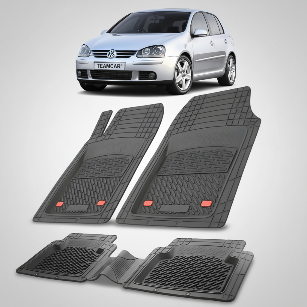 set de covorase din cauciuc negre cu un volkswagen golf 5 hatchback 5 usi argintiu in fundal