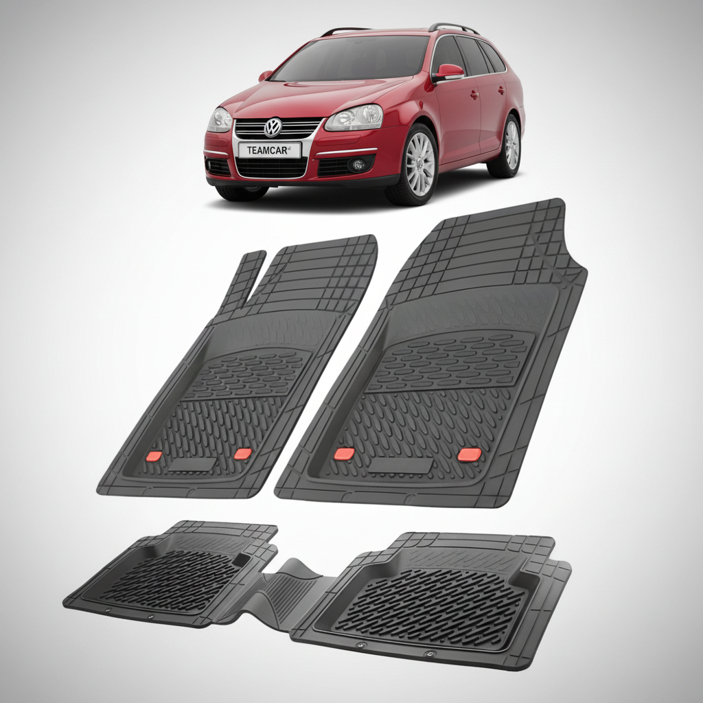 set de covorase din cauciuc negre cu un Volkswagen golf 5 variant rosu in fundal