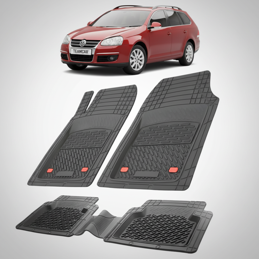 set de covorase din cauciuc negre cu un volkswagen golf 5 variant rosu in fundal