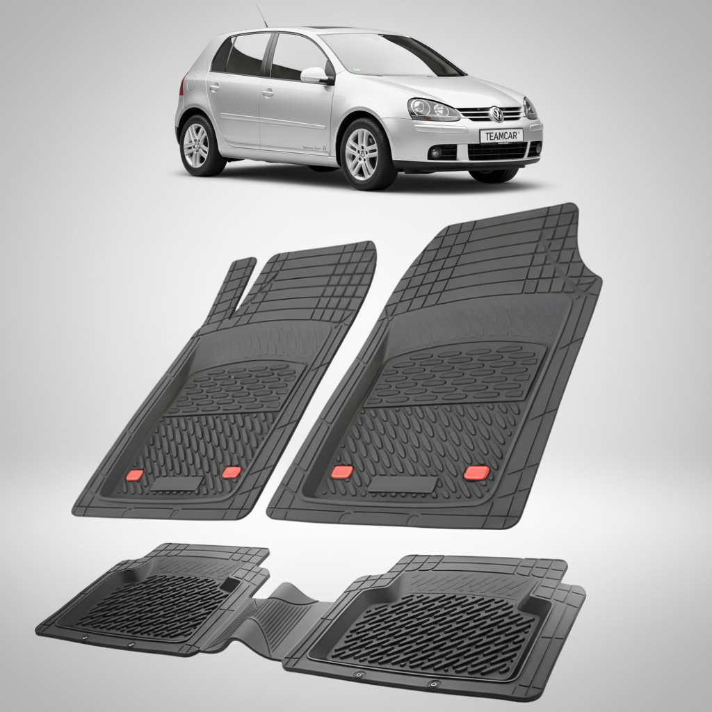 set de covorase din cauciuc negre cu un volkswagen golf 5 argintiu in fundal