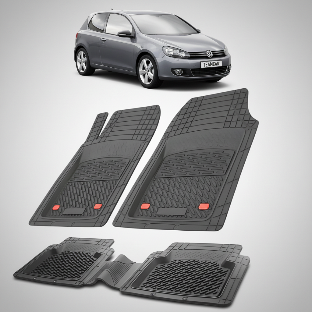 set de covorase din cauciuc negre cu un volkswagen golf 6 hatchback 3 usi gri inchis in fundal