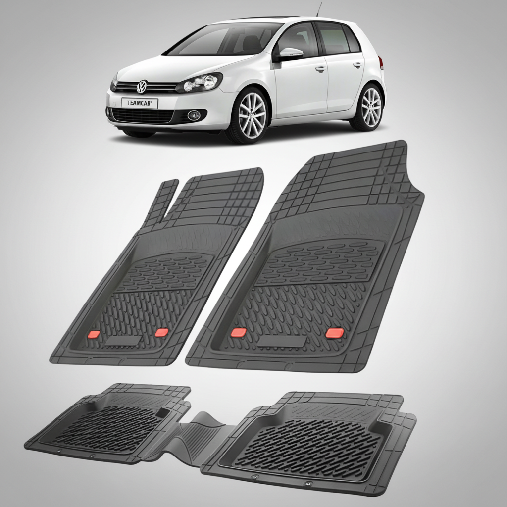 set de covorase din cauciuc negre cu un volkswagen golf 6 hatchback 5 usi alb in fundal
