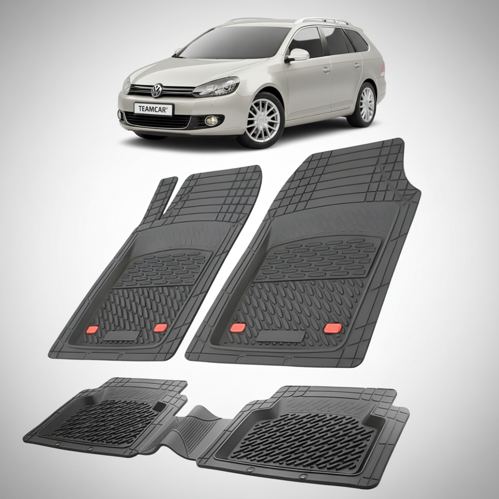 set de covorase din cauciuc negre cu un volkswagen golf 6 variant gri in fundal