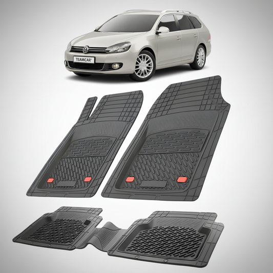 set de covorase din cauciuc negre cu un volkswagen golf 6 variant gri in fundal