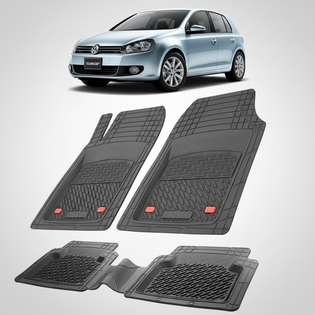 set de covorase din cauciuc negre cu un volkswagen golf 6 hatchback albastru in fundal
