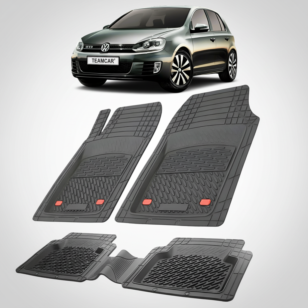 set de covorase din cauciuc negre cu un volkswagen golf 6 negru in fundal