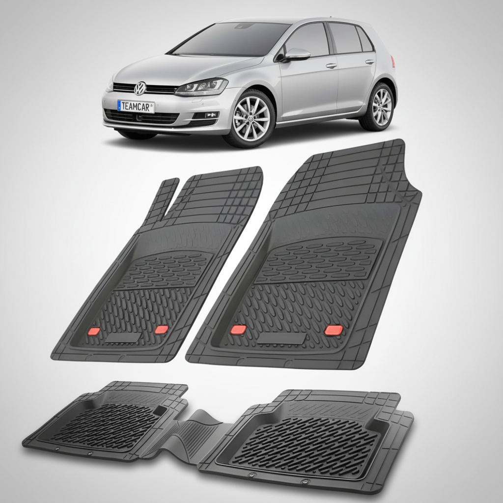 set de covorase din cauciuc negre cu un volkswagen golf 7 hatchback gri deschis in fundal